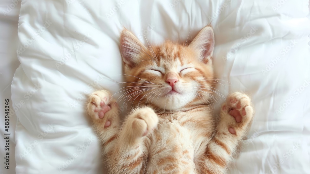 Adorable Orange Kitten Napping on White Bedding Adorable Orange Kitten Napping on White Bedding
