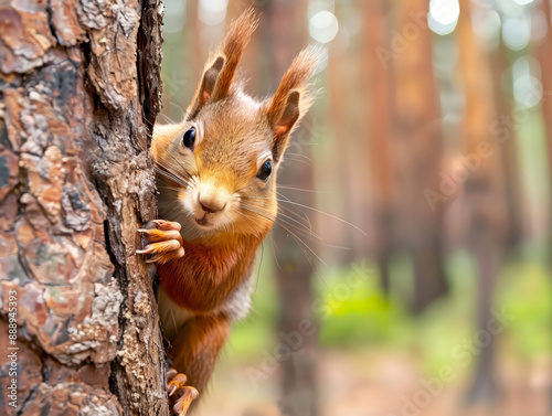 A curious squirrel peeking out from behind a tree   089 squirrel, animal, nature, mammal, rodent, wildlife, red, cute, fur, chipmunk, nut, tree, forest, wild, brown, eating, tail, animals, small, fluf photo