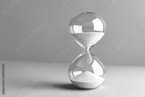 A single, transparent hourglass stands alone on a white surface.