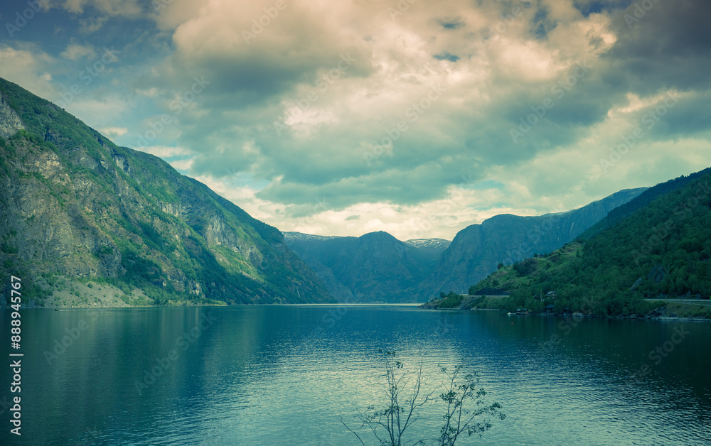 Panoramic view from above of the Aurlandsfjord on a cloudy day. Flam, Norway Panoramic view from above of the Aurlandsfjord on a cloudy day. Flam, Norway