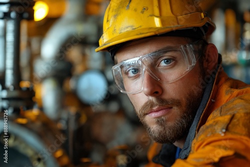 A man in a hard hat and goggles, standing in front of industrial machinery. © Amigos.Flipado