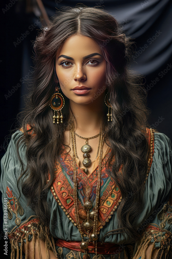 Woman in ornate traditional dress with intricate jewelry Woman in ornate traditional dress with intricate jewelry