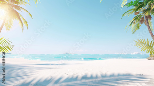 Bright and colorful beach scene with palm trees, clear blue sky, and turquoise ocean waves. Pastel colors with ample negative space for text placement.