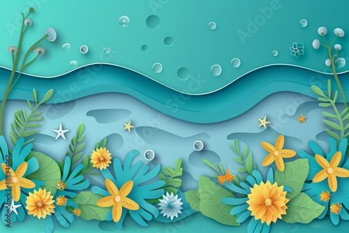 Vibrant blue underwater scene with bubbles and yellow flowers creating a lively and cheerful design