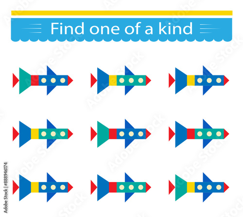 Fun education game for kids. Need to find one of a kind airplane. Kids activity page.