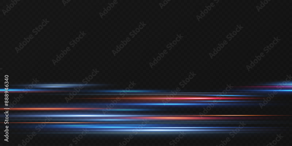 Neon lines moving light effect. Horizontal lines. Speed effect on a transparent background. Lines of light, speed and movement Neon lines moving light effect. Horizontal lines. Speed effect on a transparent background. Lines of light, speed and movement