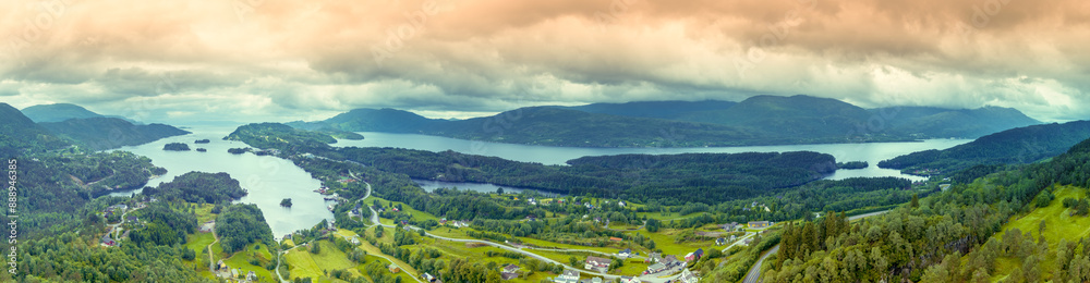 Panoramic view from above of the Holmefjord on a cloudy day. Beautiful nature of Norway Panoramic view from above of the Holmefjord on a cloudy day. Beautiful nature of Norway