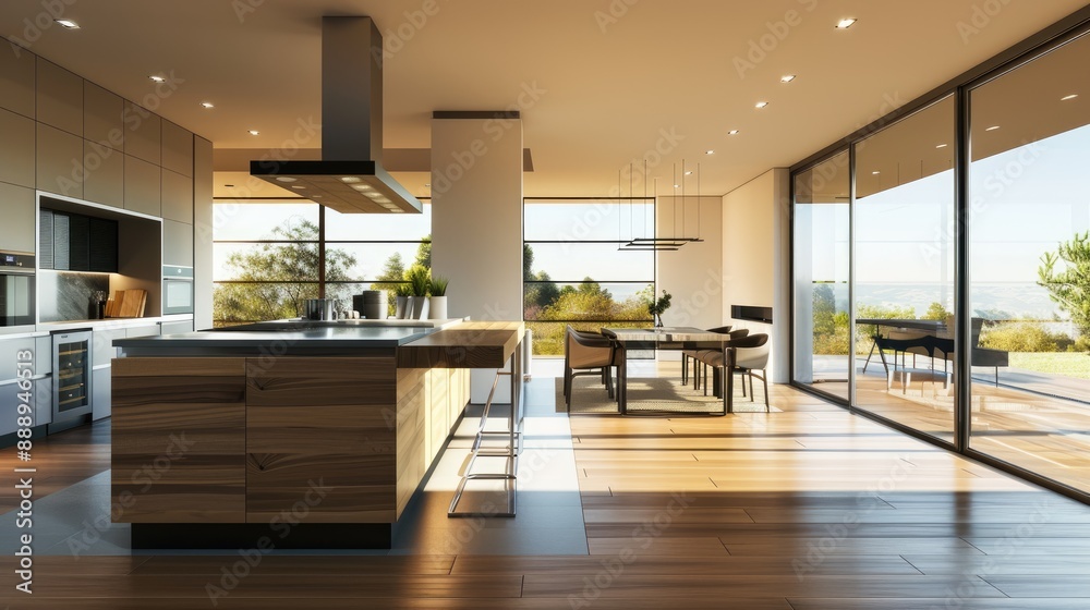 A modern kitchen with an open floor plan, high-end appliances, a breakfast bar, and floor-to-ceiling windows. A modern kitchen with an open floor plan, high-end appliances, a breakfast bar, and floor-to-ceiling windows.