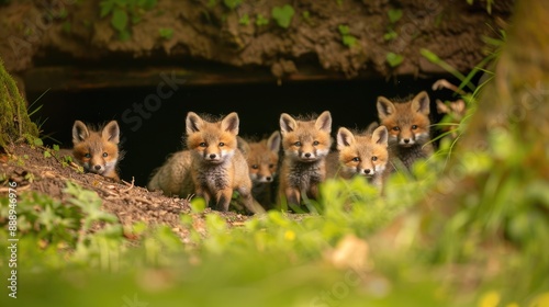 Five Red Fox Kits Emerging from Their Den © positfid