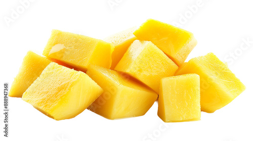 Mango cube slices isolated on a transparent background, perfect for summer fruit displays and healthy snack ideas, highlighting the freshness and sweetness of this tropical delight.