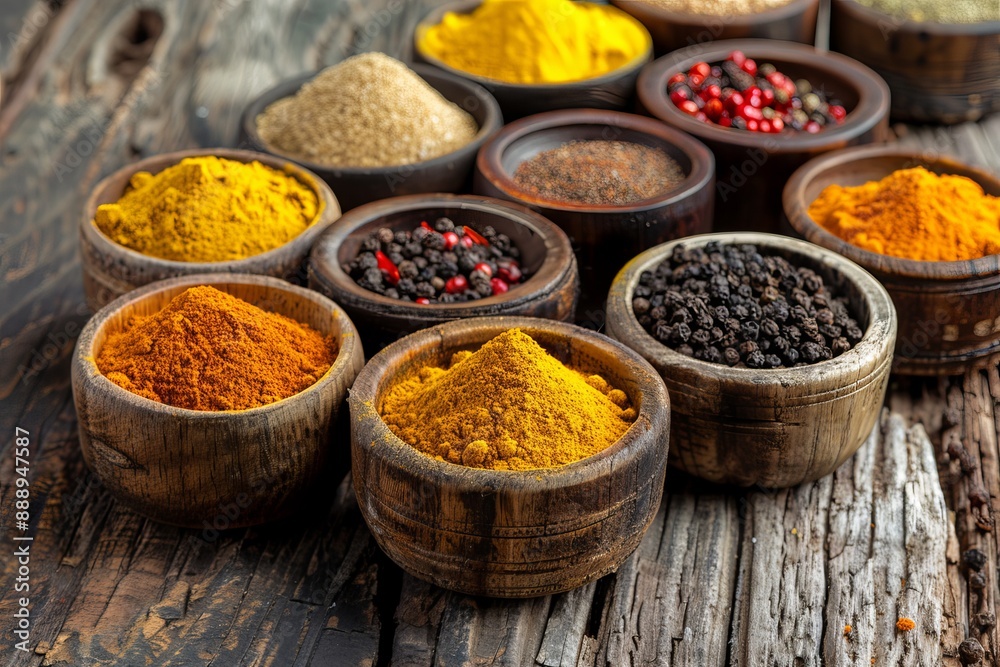 Various spices in wooden bowls on rustic wooden surface Various spices in wooden bowls on rustic wooden surface