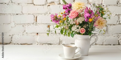 White Table with Flower Bouquet, Coffee Cup on White Brick Wall Background, Morning Greeting Card