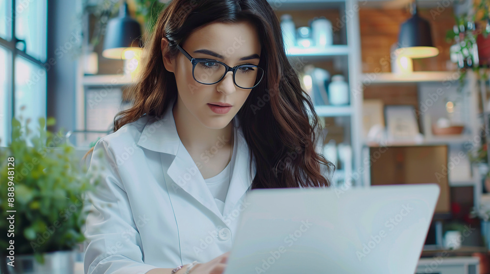 Female doctor in eyeglasses with laptop. Female doctor in eyeglasses with laptop.