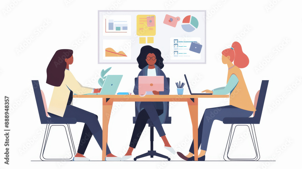 An Indian software developer explaining financial software concepts to a diverse female team around a conference table An Indian software developer explaining financial software concepts to a diverse female team around a conference table