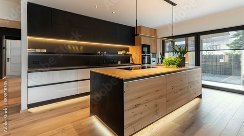 Interior of modern kitchen with black and wooden kitchen drawers.