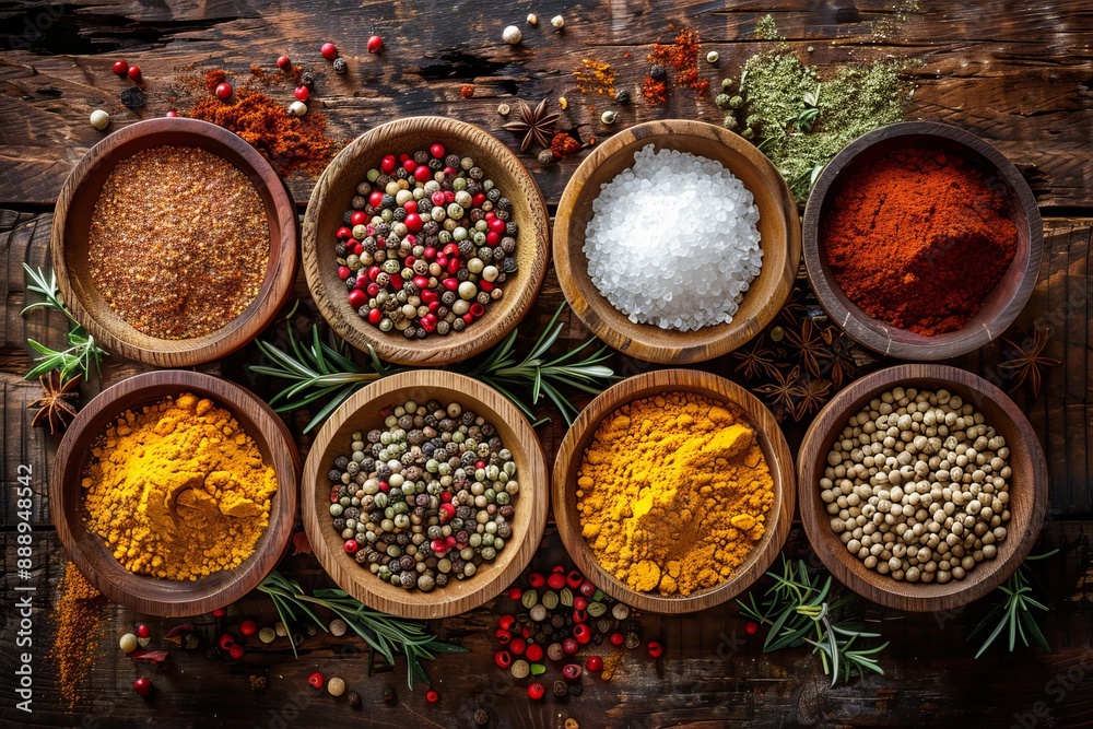 A variety of spices arranged on rustic wooden tabletop A variety of spices arranged on rustic wooden tabletop
