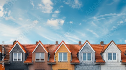 A row of red tiled house rooves against a blue sky with clouds.