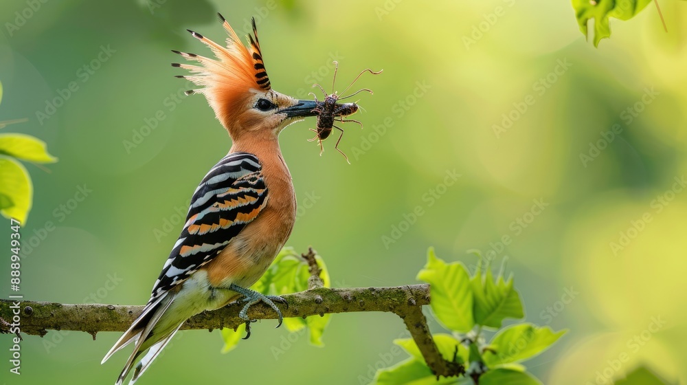 Hoopoe Bird Perched on Branch with Insect Prey Hoopoe Bird Perched on Branch with Insect Prey
