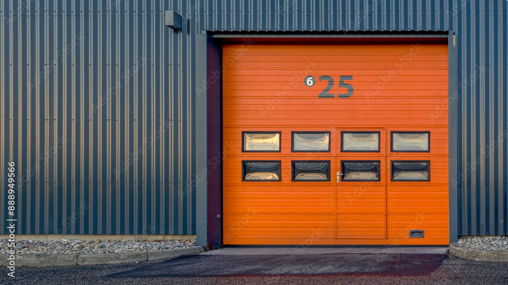 orange rollup shutters in a gray aluminium wall