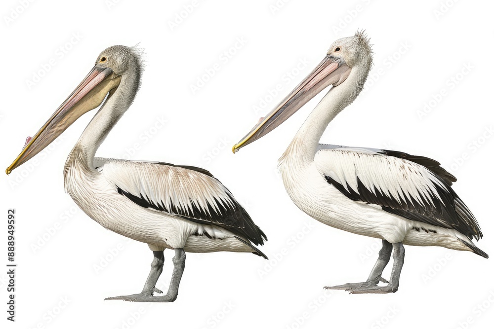 Two Pelicans Standing Side by Side on a White Background Two Pelicans Standing Side by Side on a White Background