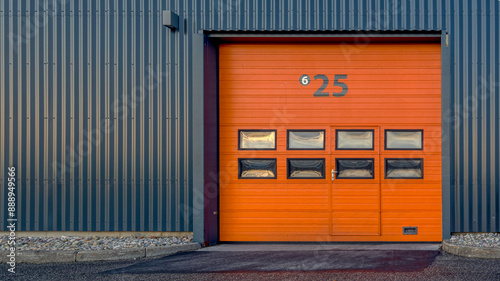 Obraz na płótnie orange rollup shutters in a gray aluminium wall w salonie