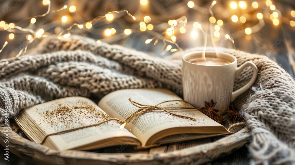 Warm Winter Scene: Cup of Coffee on an Open Book on Wooden Tray with Knitted Clothes, Highlighted by Festive Christmas Lights in the Background - Good Morning