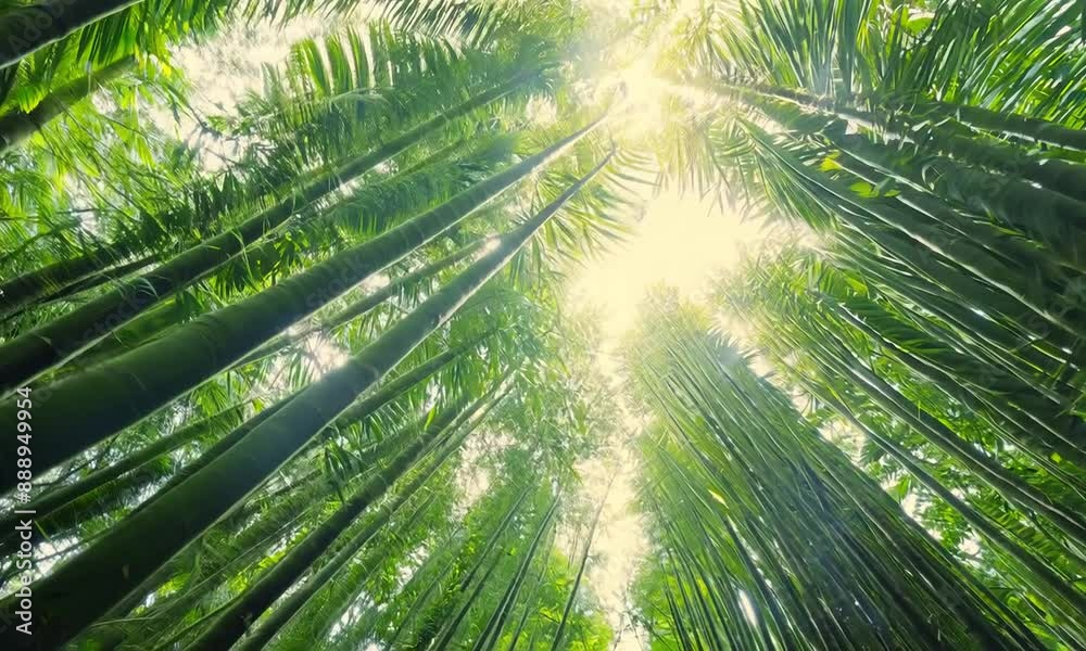 A forest with tall green bamboo trees. The trees are so tall that they are almost touching the sky. The sunlight is shining through the trees, creating a beautiful and peaceful atmosphere A forest with tall green bamboo trees. The trees are so tall that they are almost touching the sky. The sunlight is shining through the trees, creating a beautiful and peaceful atmosphere
