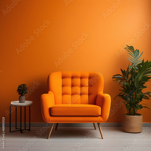 Studio background with orange walls and orange armchairs