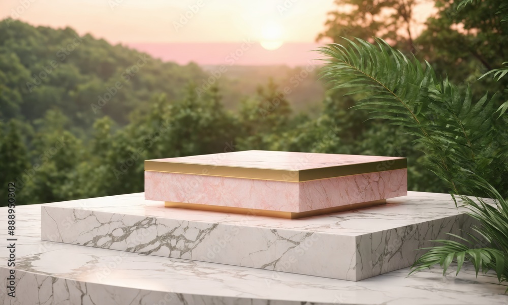 Pink marble podium with gold trim on two white marble platforms in a natural setting Pink marble podium with gold trim on two white marble platforms in a natural setting