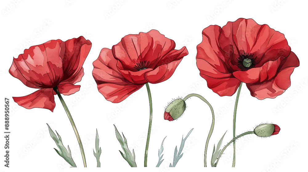 Fototapeta premium A stunning collection of vibrant poppies on a transparent background showcases the beauty of nature. ideal for floral decorations or artistic designs.