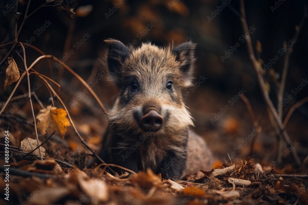 A cute little boar sitting among the autumn yellow foliage. Animal hunting. A cute little boar sitting among the autumn yellow foliage. Animal hunting.