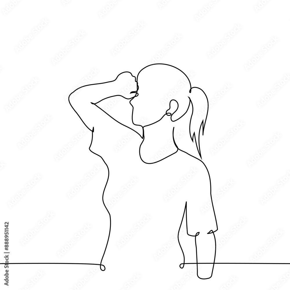 woman stands with her fist raised to her forehead - one line art vector. the concept wipe sweat, think hard woman stands with her fist raised to her forehead - one line art vector. the concept wipe sweat, think hard