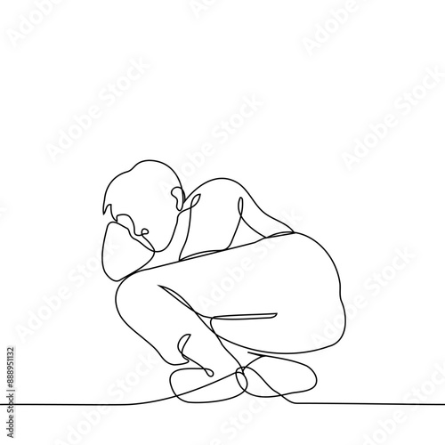 man lies in the fetal position with his hand under his head - one line art vector. the concept dream