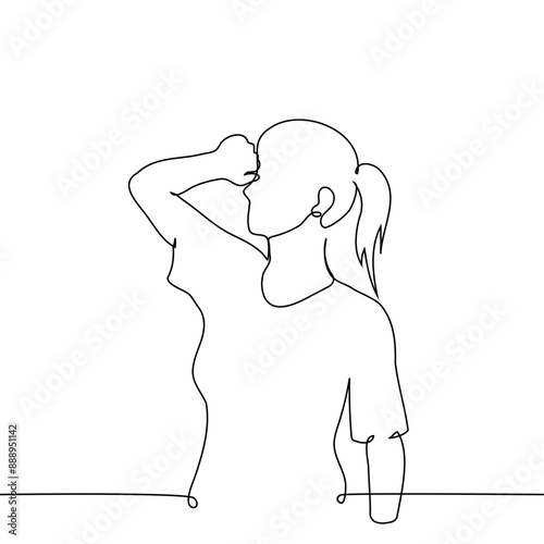 woman stands with her fist raised to her forehead - one line art vector. the concept wipe sweat, think hard
