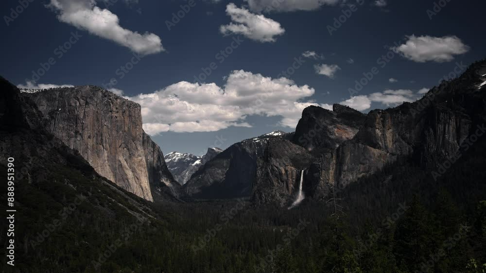 Scenic panoramic view of Yosemite valley during summer with clouds in the sky Scenic panoramic view of Yosemite valley during summer with clouds in the sky