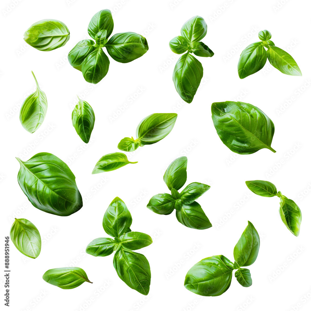 Basil leaves isolated on transparent background. Top view. Flat lay