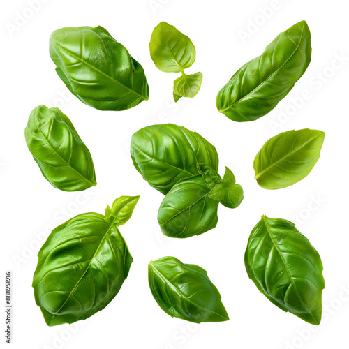 Basil leaves isolated on transparent background. Top view. Flat lay