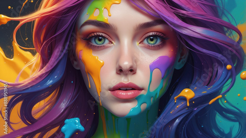 A young woman with purple hair gazes directly at the viewer, her face and hair adorned with bright, dripping paint