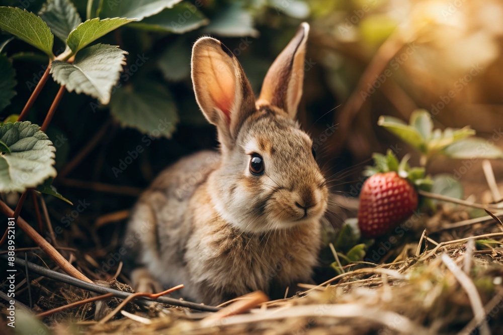 Fototapeta premium A cute gray bunny sitting among the spring foliage and strawberries. Animal hunting. A pest in the garden.