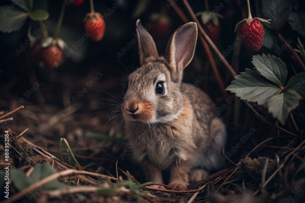 Fototapeta premium A cute gray bunny sitting among the spring foliage and strawberries. Animal hunting. A pest in the garden.