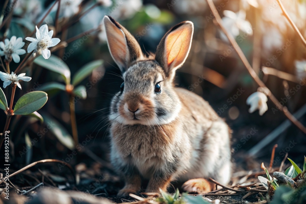 Fototapeta premium A cute gray bunny sitting among the spring foliage. Animal hunting.