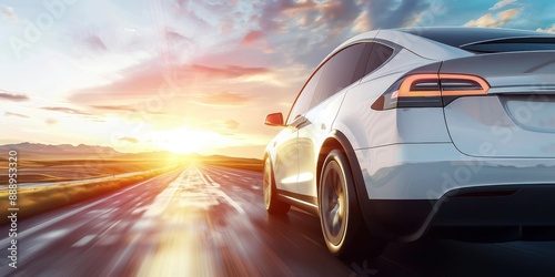 Une voiture de couleur blanche roulant à grande vitesse sur une route dans un paysage désertique, coucher de soleil en arrière-plan, image avec espace pour texte.