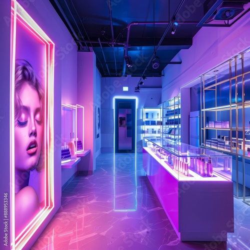 Create a product showcase area with a Radiant ambi 15 2 interior, corridor, building, architecture, light, floor, hall, underground, room, office, subway, empty, hospital, station, design, parking, bu