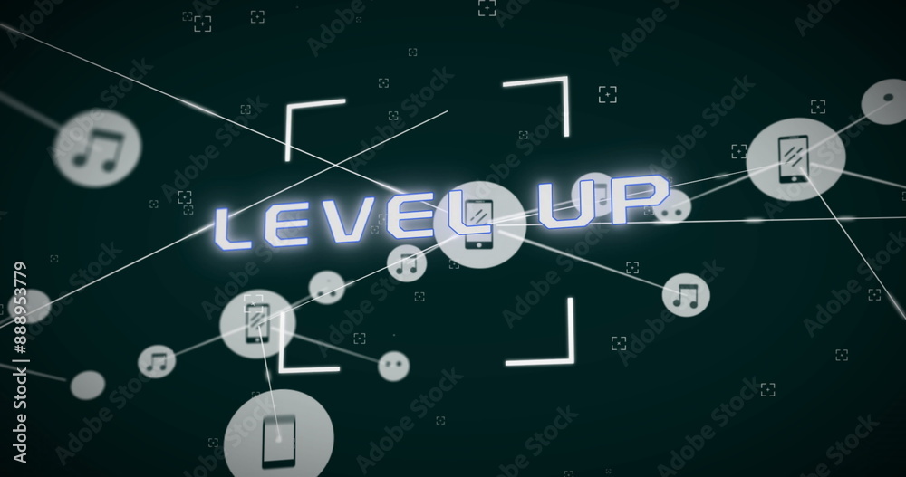 Image of level up text, network of connections with icons and data processing Image of level up text, network of connections with icons and data processing