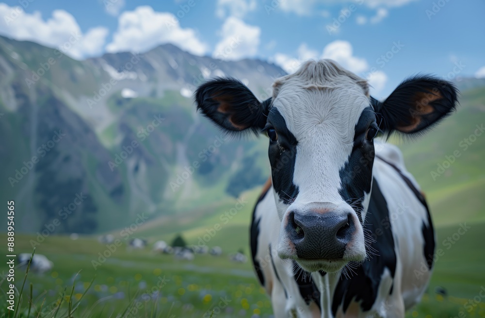 Close-up Portrait of a Cow in a Mountain Pasture Close-up Portrait of a Cow in a Mountain Pasture
