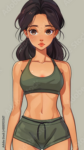 2D vector cartoon of an Asian girl going from 8kg 8 21093 woman, fitness, beauty, body, model, slim, fashion, sport, person, people, exercise, healthy, fit, jeans, studio, health, gym, athlete, workou photo