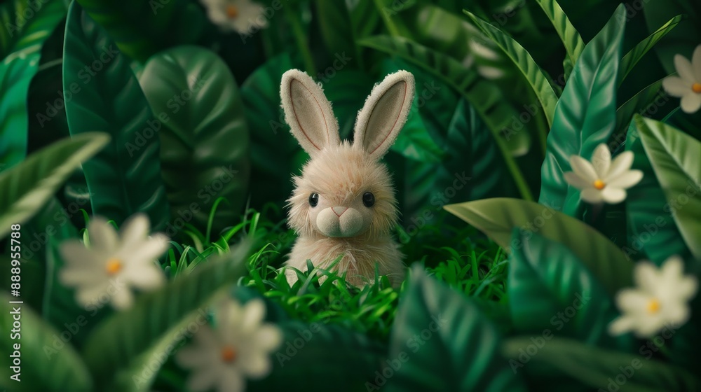 A charming bunny with silky fur and a joyful expression, nestled among creatively designed art toys in a magical, enchanted garden A charming bunny with silky fur and a joyful expression, nestled among creatively designed art toys in a magical, enchanted garden