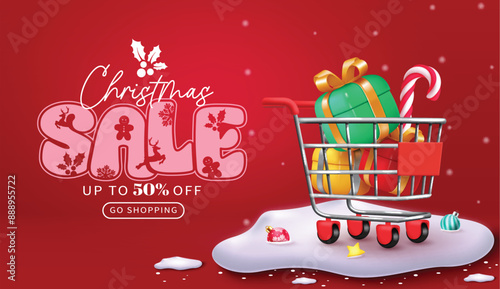Christmas sale text vector banner design. Christmas sale up to 50% off discount with shopping cart, gift boxes, candy cane, xmas balls for special promo advertisement. Vector illustration holiday 