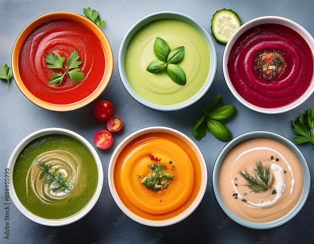  Assorted Vegetable Cream Soups- A top-view image of various colorful vegetable cream soups,_1(17)