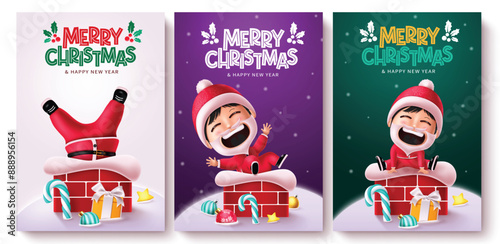 Christmas santa kid vector poster set design. Merry christmas greeting text with friendly and playful santa claus character in chimney snow winter background. Vector illustration new year card 